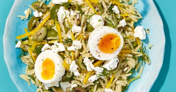 Orzo with Beets, Olives, Feta, and Soft-Boiled Eggs