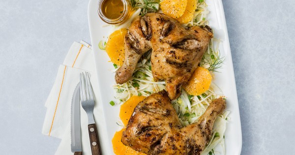 Chinese Five-Spice Roast Chicken Legs with Orange and Fennel Buttermilk Salad