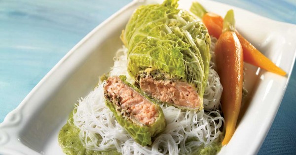 Cabbage-Wrapped Salmon on a Vegetable Coulis