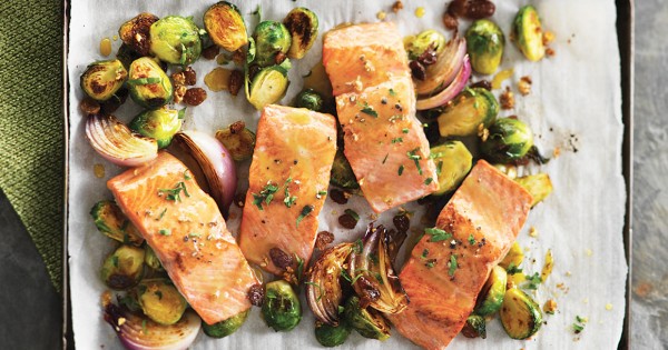 Maple-grilled salmon and Brussel sprouts