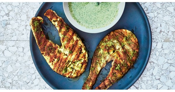 Grilled Salmon Steaks with Cilantro-Garlic Yogurt Sauce