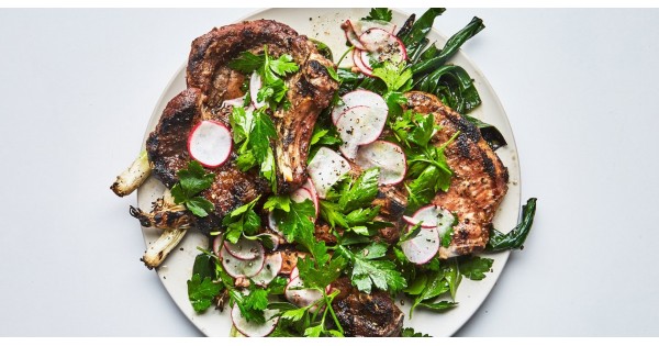 Pork Chops with Radishes and Charred Scallions