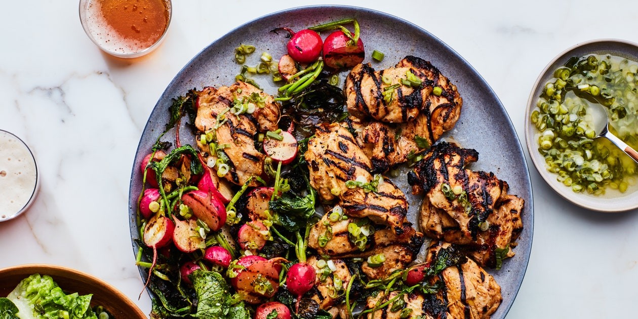 Ginger-Grilled Chicken and Radishes with Miso-Scallion Dressing-image
