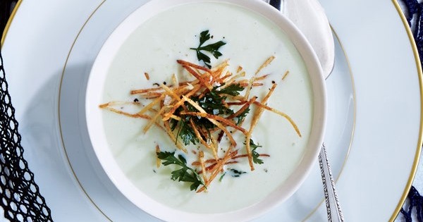 Leek Soup with Shoestring Potatoes and Fried Herbs