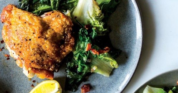 Crispy Chicken Thighs With Bacon and Wilted Escarole