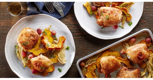 Sheet-Pan Cumin Chicken Thighs with Squash, Fennel, and Grapes
