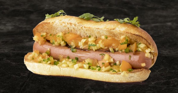 Jumbo hot dog with salsa cruda