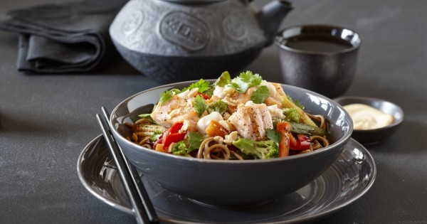 Soba noodle, vegetable and salmon bowl